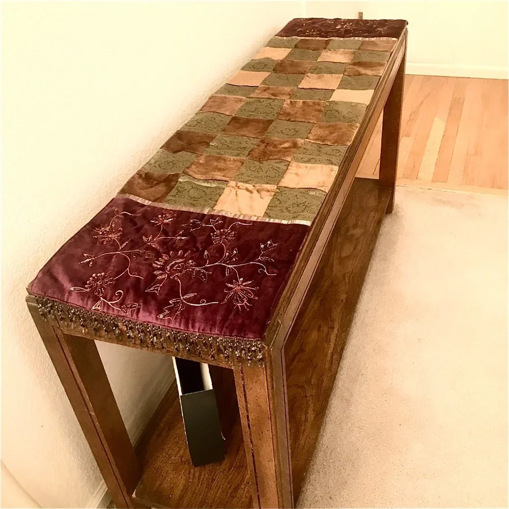 Z Gallerie Decorative Table Runner Velvet & Silk Patchwork w Beads 14